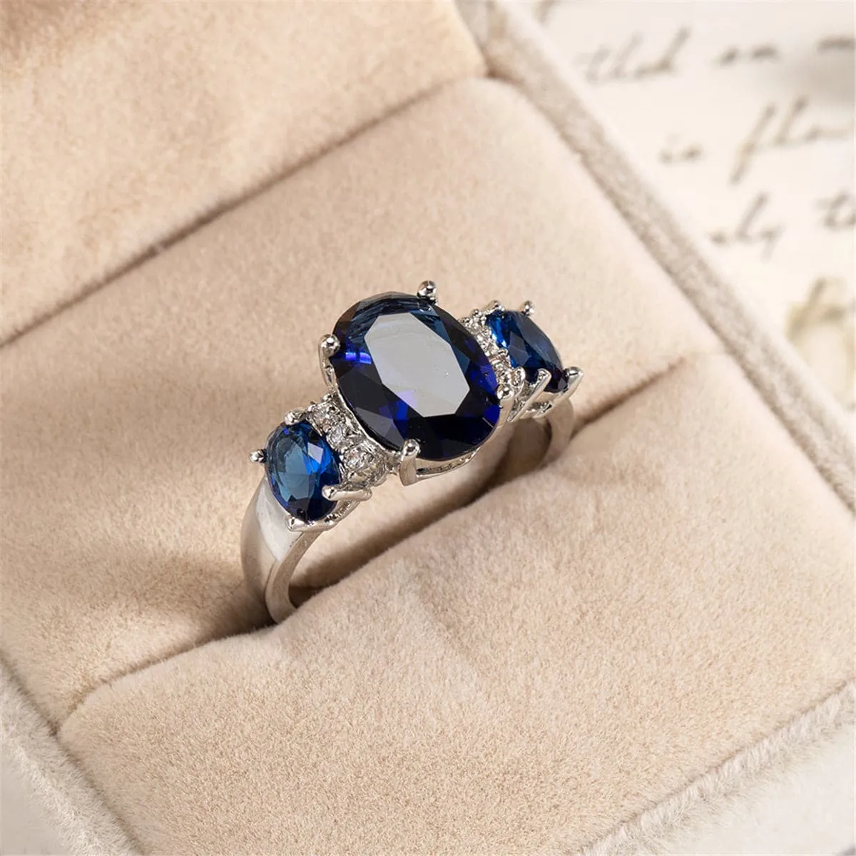 Navy Crystal & Silver-Plated Triple Oval Ring