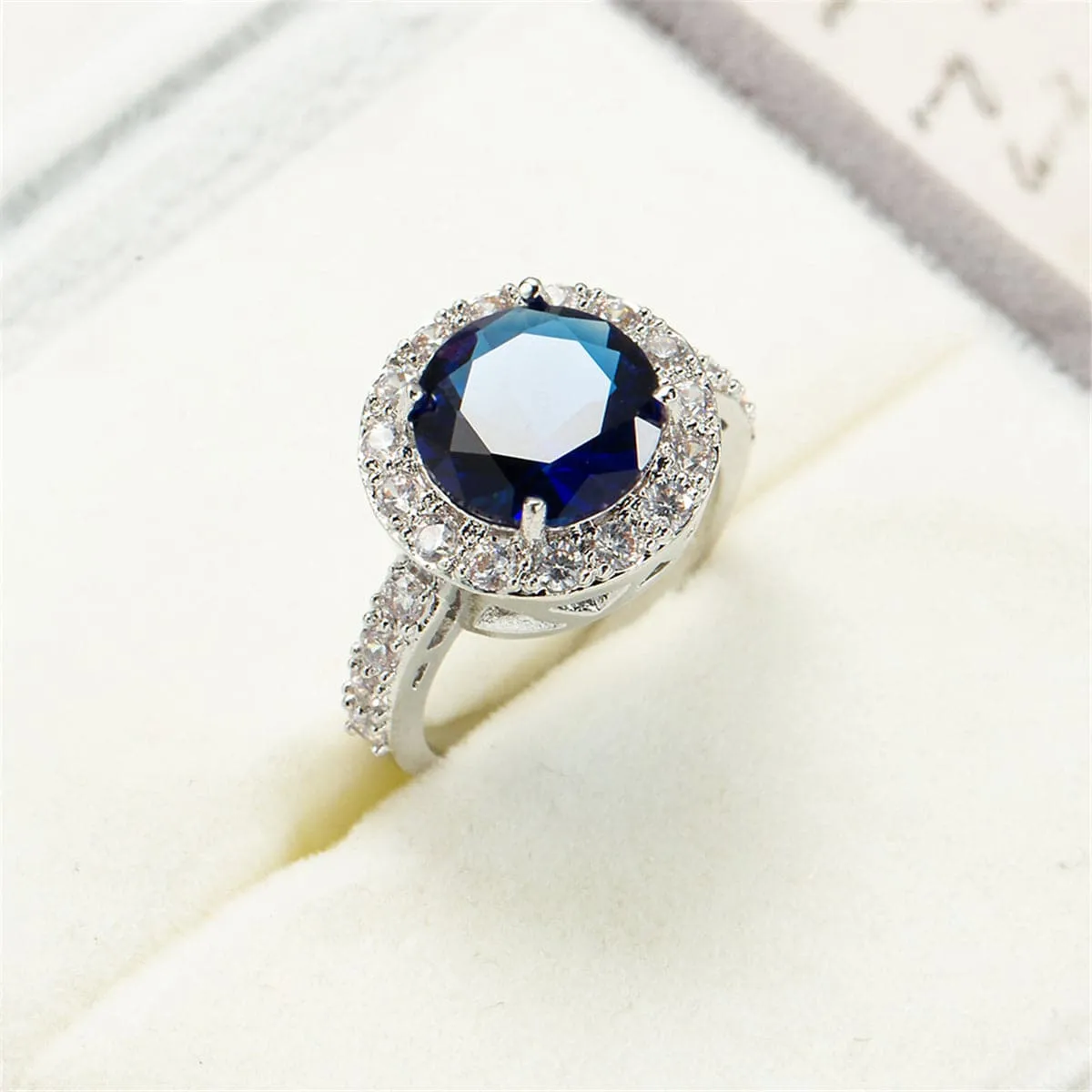 Navy Cubic Zirconia & Crystal Halo Round Ring