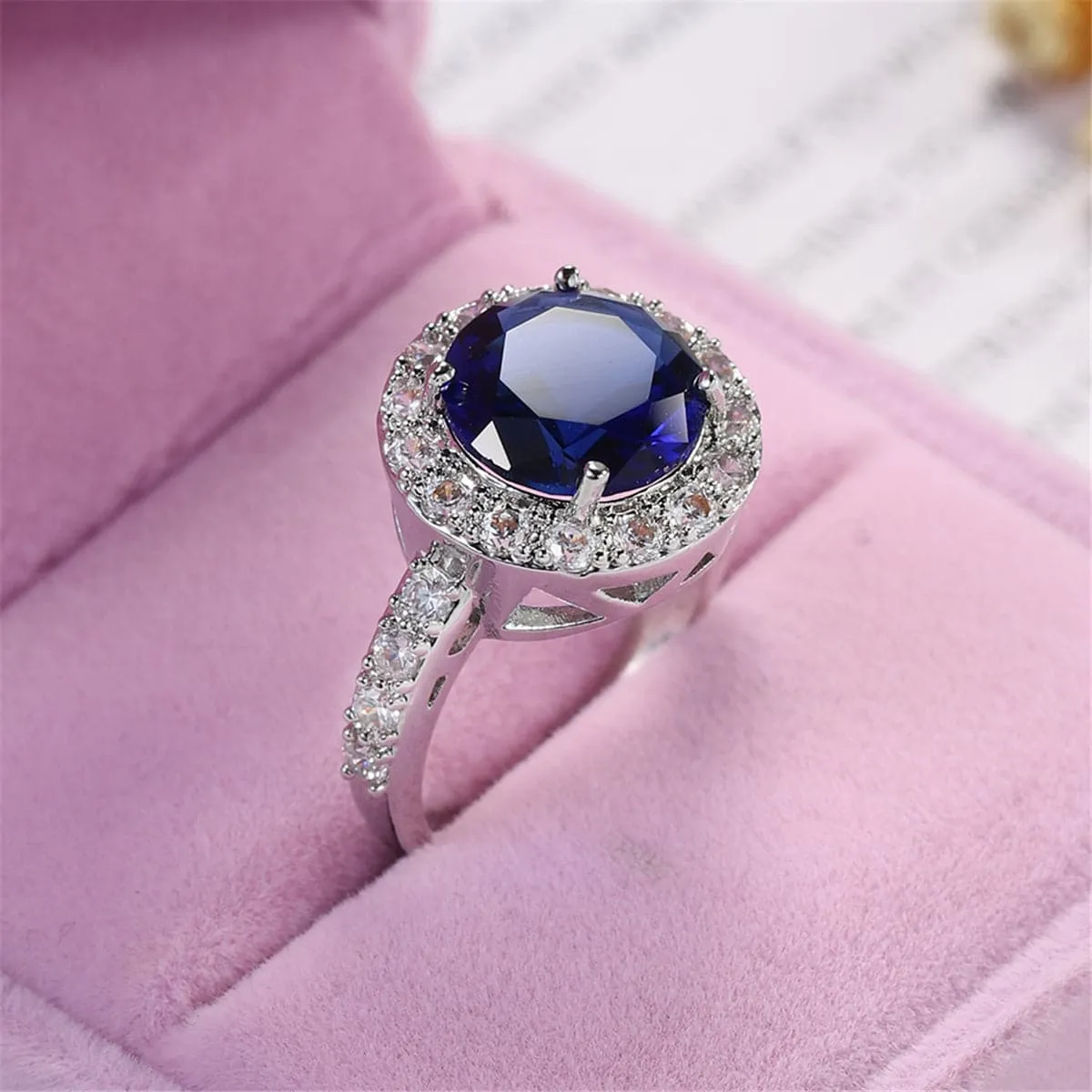 Navy Cubic Zirconia & Crystal Halo Round Ring