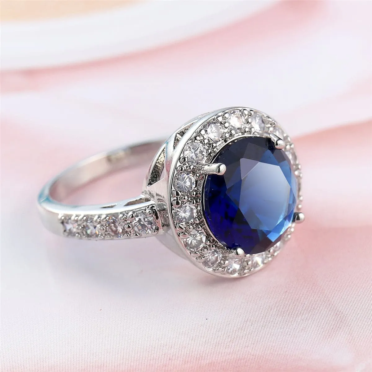 Navy Cubic Zirconia & Crystal Halo Round Ring