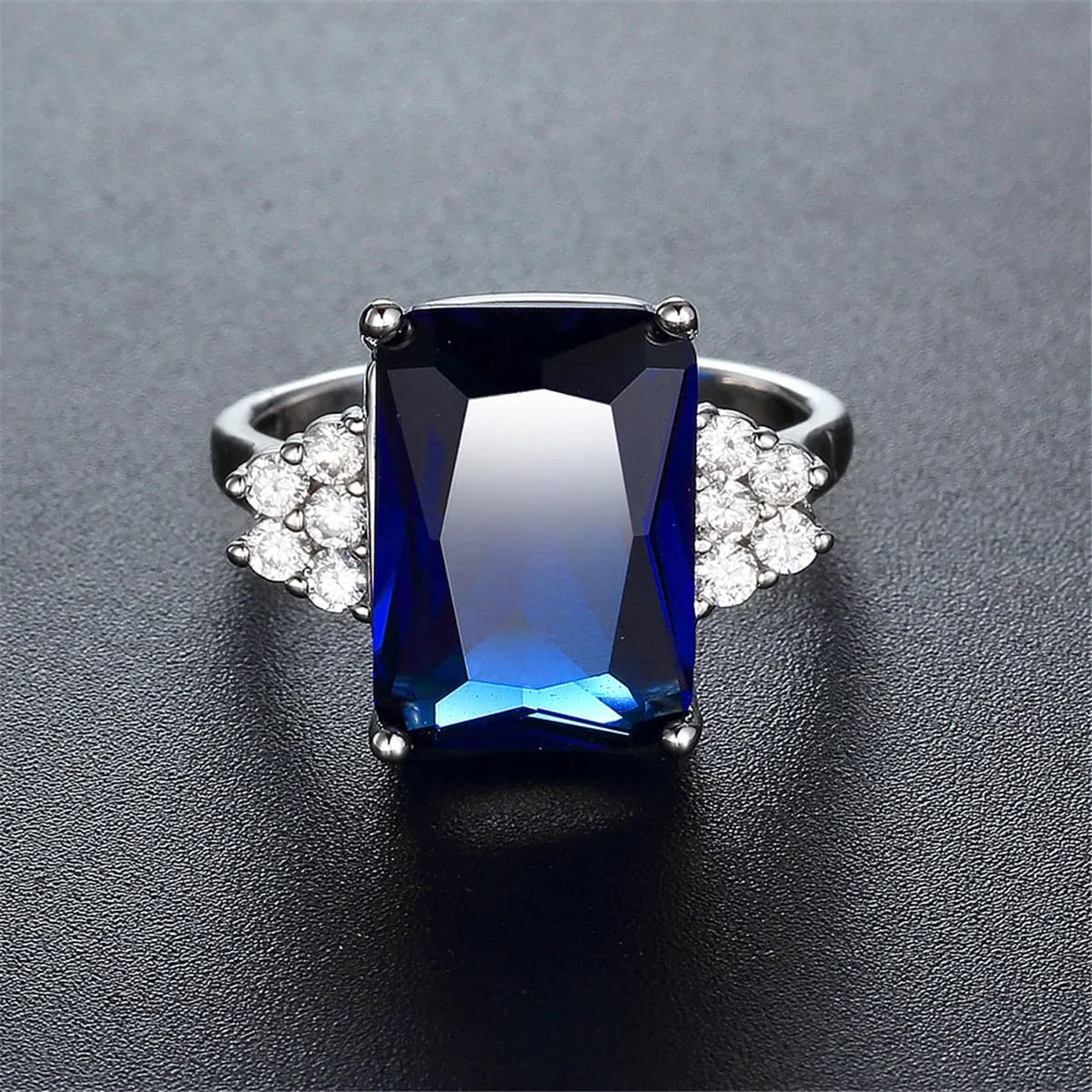 Navy Cubic Zirconia & Silver-Plated Emerald-Cut Ring
