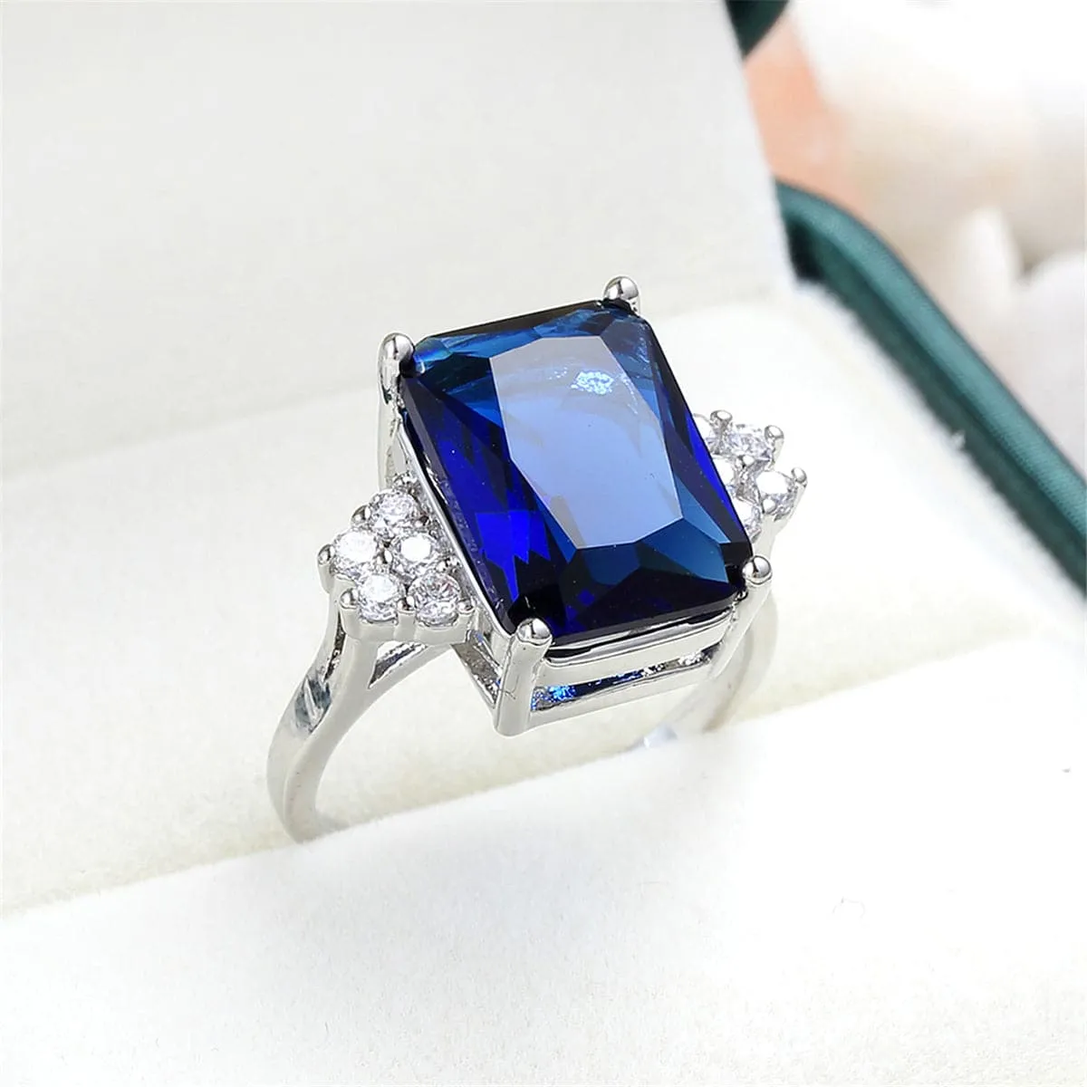 Navy Cubic Zirconia & Silver-Plated Emerald-Cut Ring