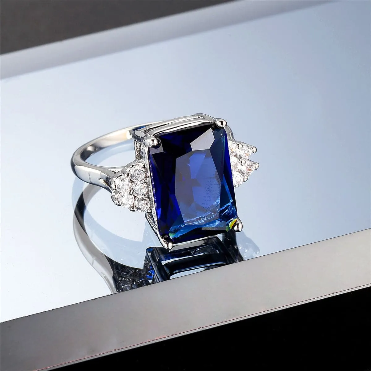 Navy Cubic Zirconia & Silver-Plated Emerald-Cut Ring
