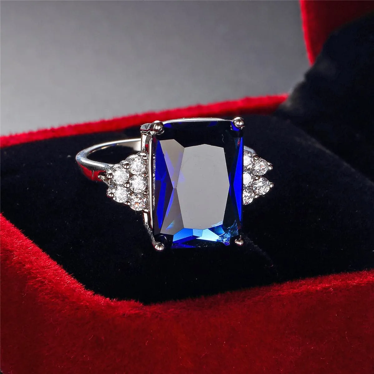 Navy Cubic Zirconia & Silver-Plated Emerald-Cut Ring