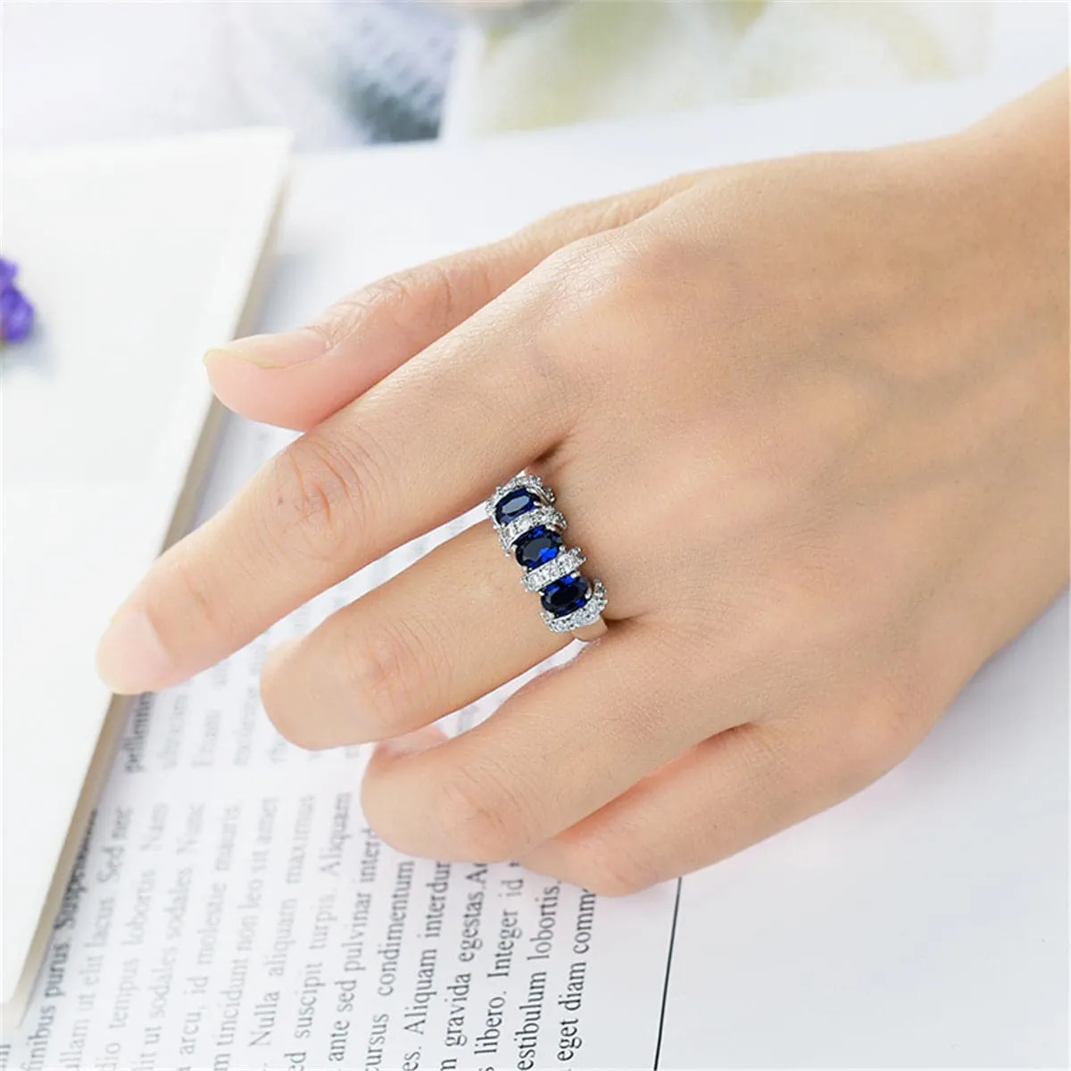 Navy Oval Crystal & Cubic Zirconia Oval-Cut Band Ring