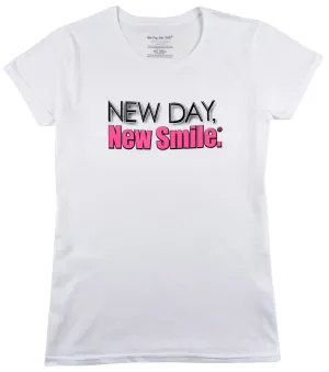 New Day, New Smile.® Women's White Tee (Black & Pink Logo)