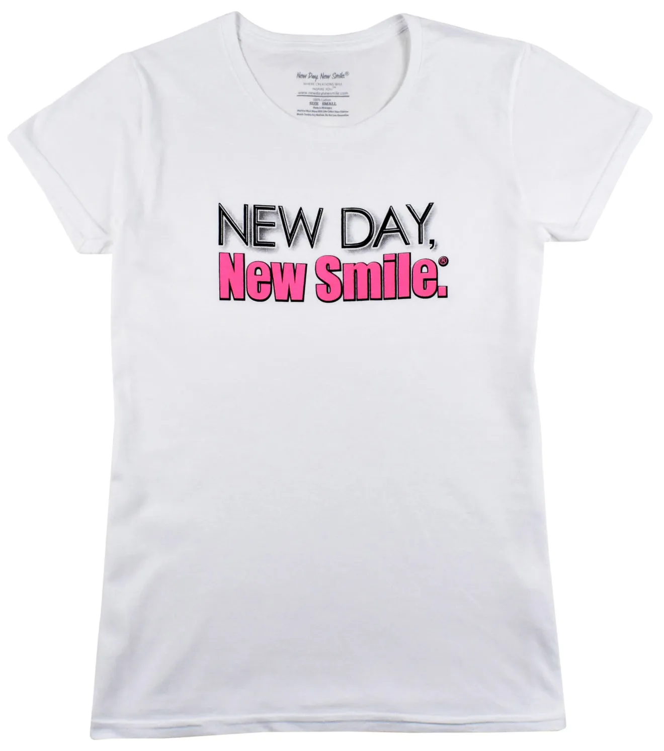 New Day, New Smile.® Women's White Tee (Black & Pink Logo)