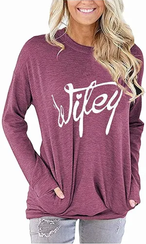New ORITINA Women's Long Sleeve Graphic Top "Wifey" with stylish side pockets in win red! Sz 2X! Fits True!