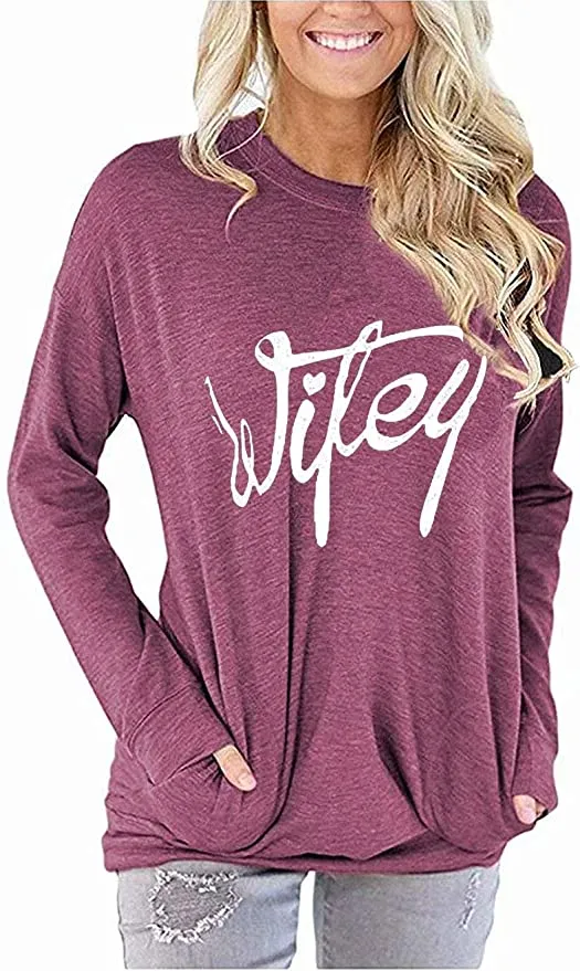 New ORITINA Women's Long Sleeve Graphic Top "Wifey" with stylish side pockets in win red! Sz 2X! Fits True!