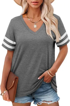 New Womens T Shirts V Neck Striped Short Sleeve Color Block Tops Casual Summer Tunic Loose Fit Grey Sz 5X