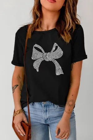 Nicolette Rhinestone Bow Graphic Round Neck Short Sleeve T-Shirt
