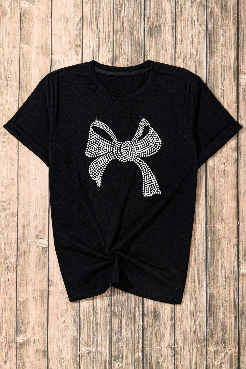 Nicolette Rhinestone Bow Graphic Round Neck Short Sleeve T-Shirt