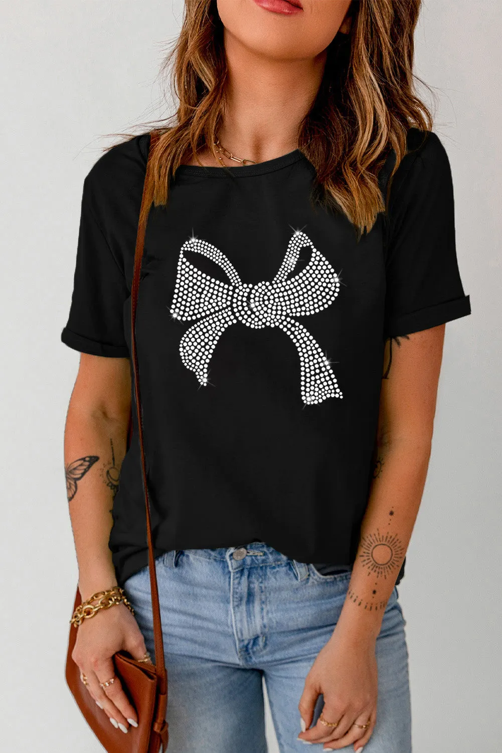 Nicolette Rhinestone Bow Graphic Round Neck Short Sleeve T-Shirt