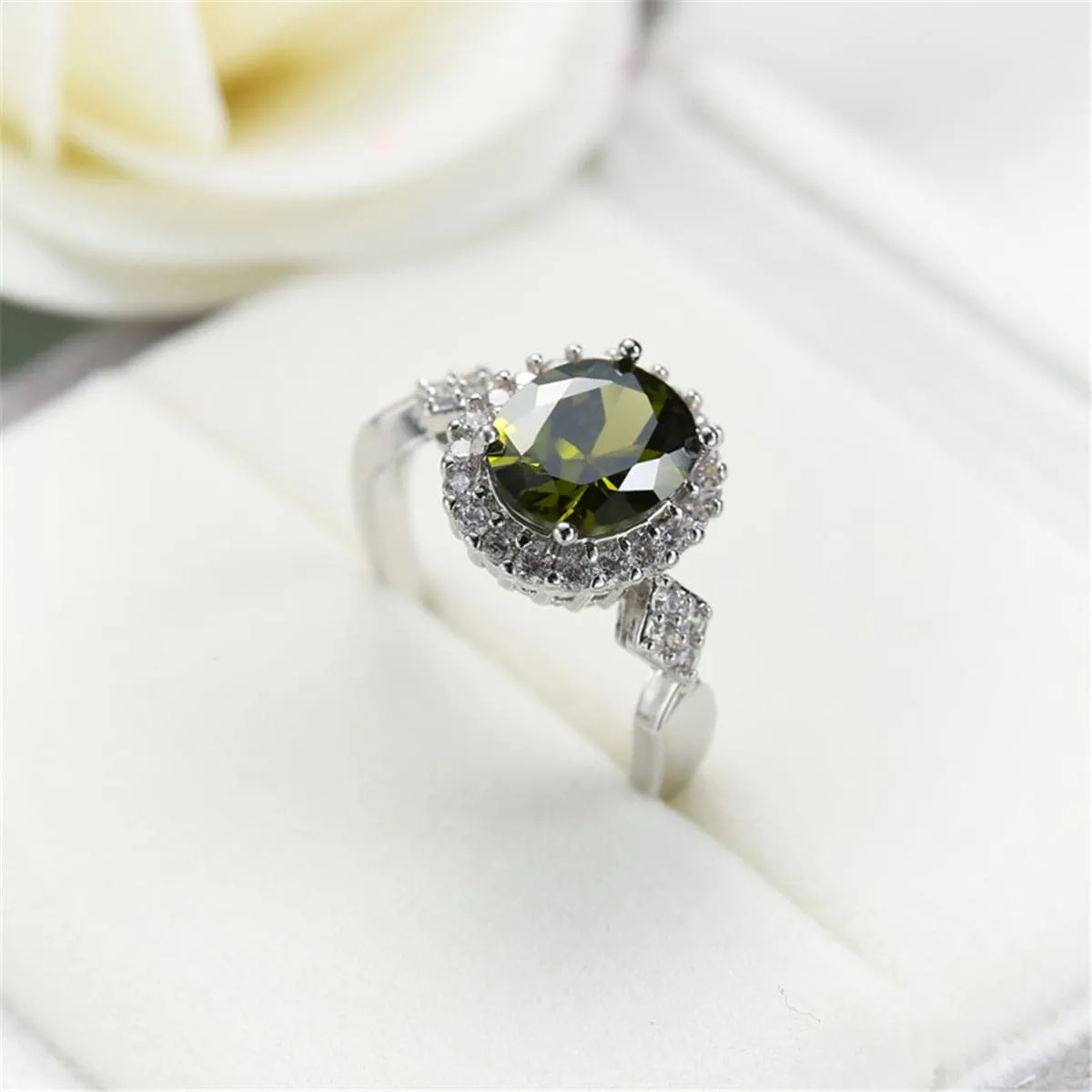 Olive Green Cubic Zirconia & Crystal Halo Oval Ring
