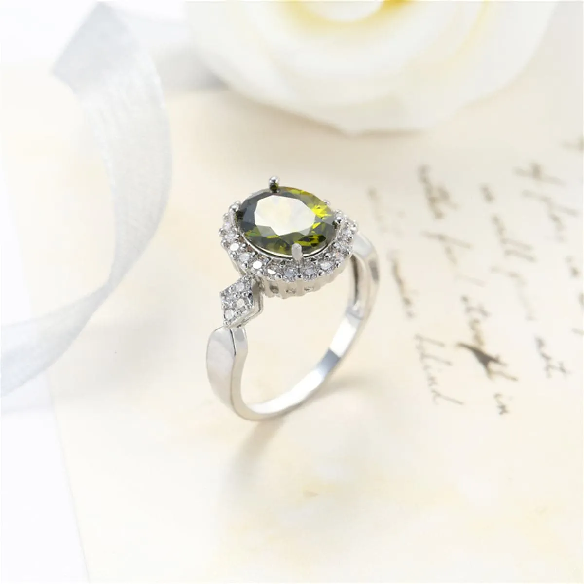 Olive Green Cubic Zirconia & Crystal Halo Oval Ring