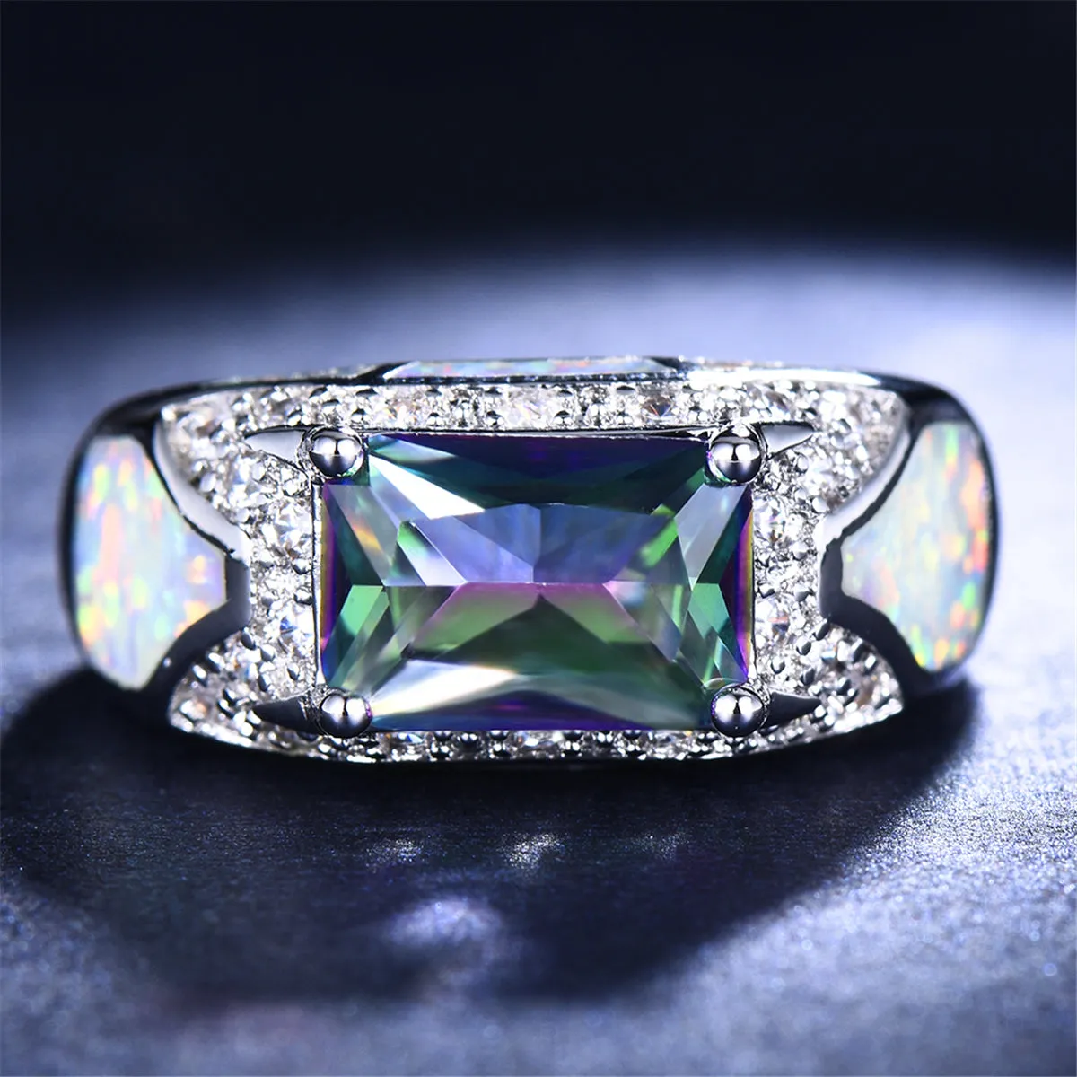 Opal & Green Crystal Rectangle Ring