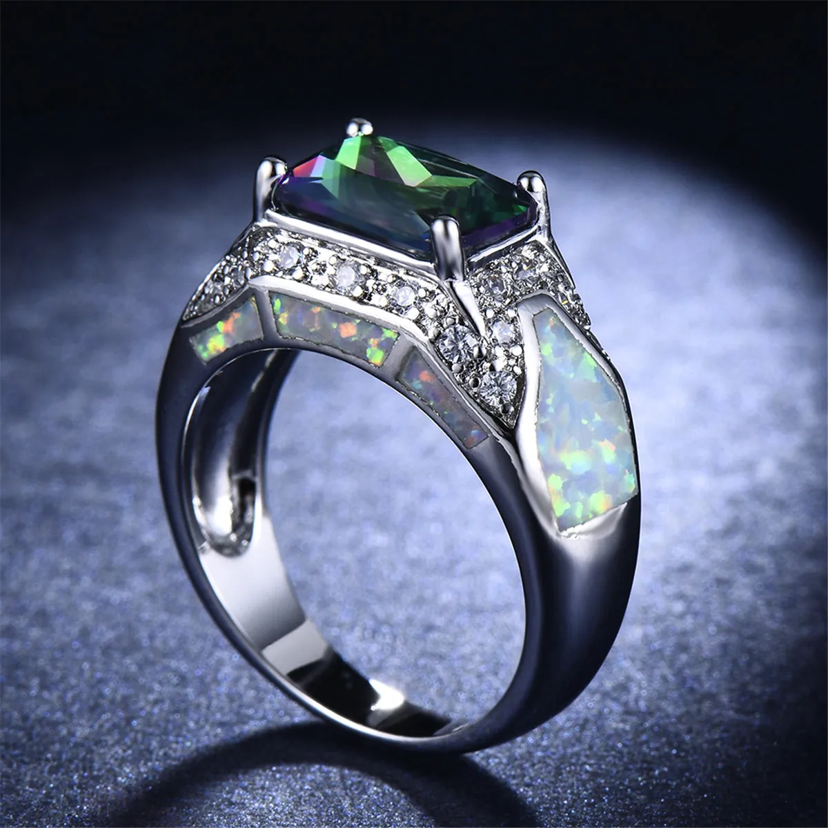 Opal & Green Crystal Rectangle Ring