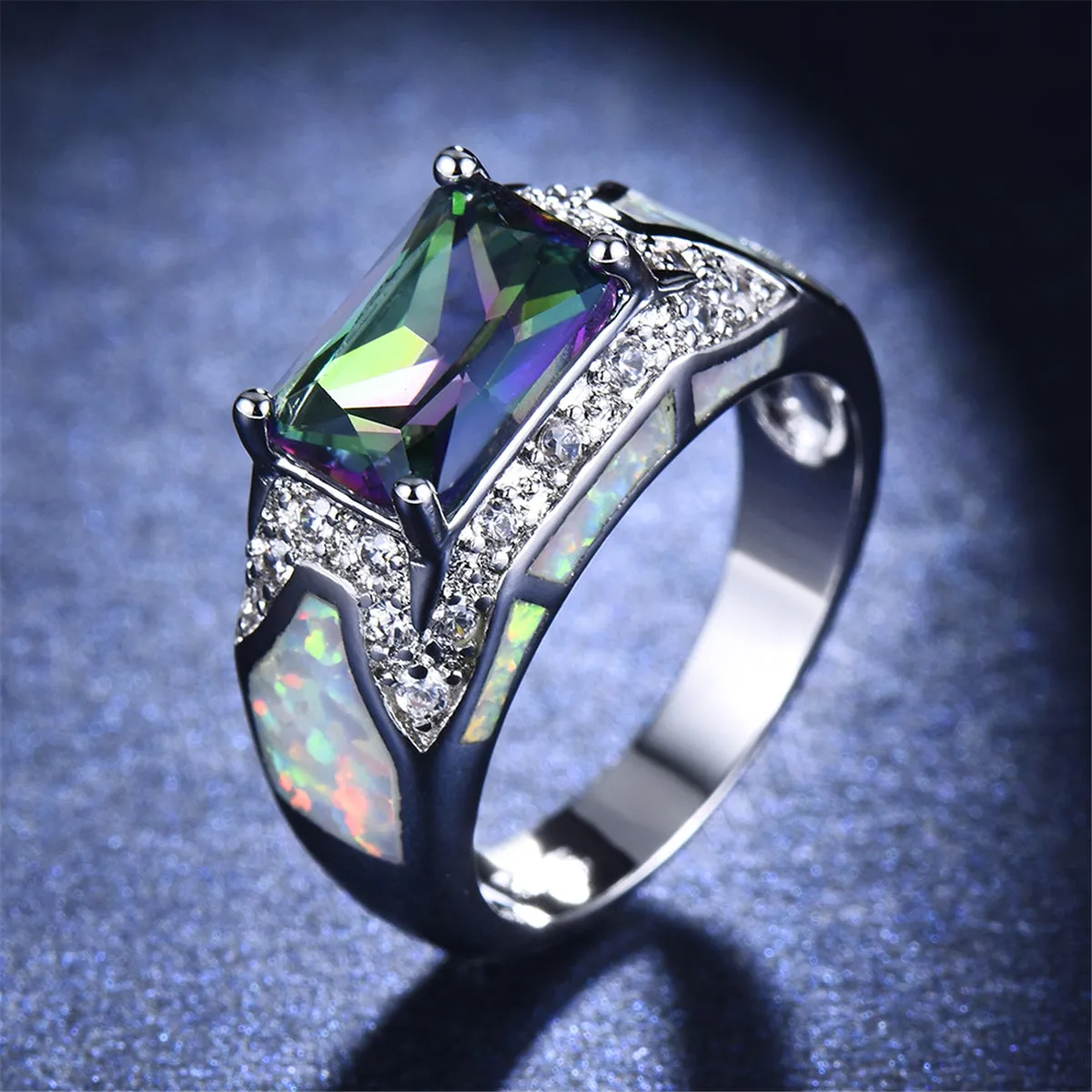 Opal & Green Crystal Rectangle Ring