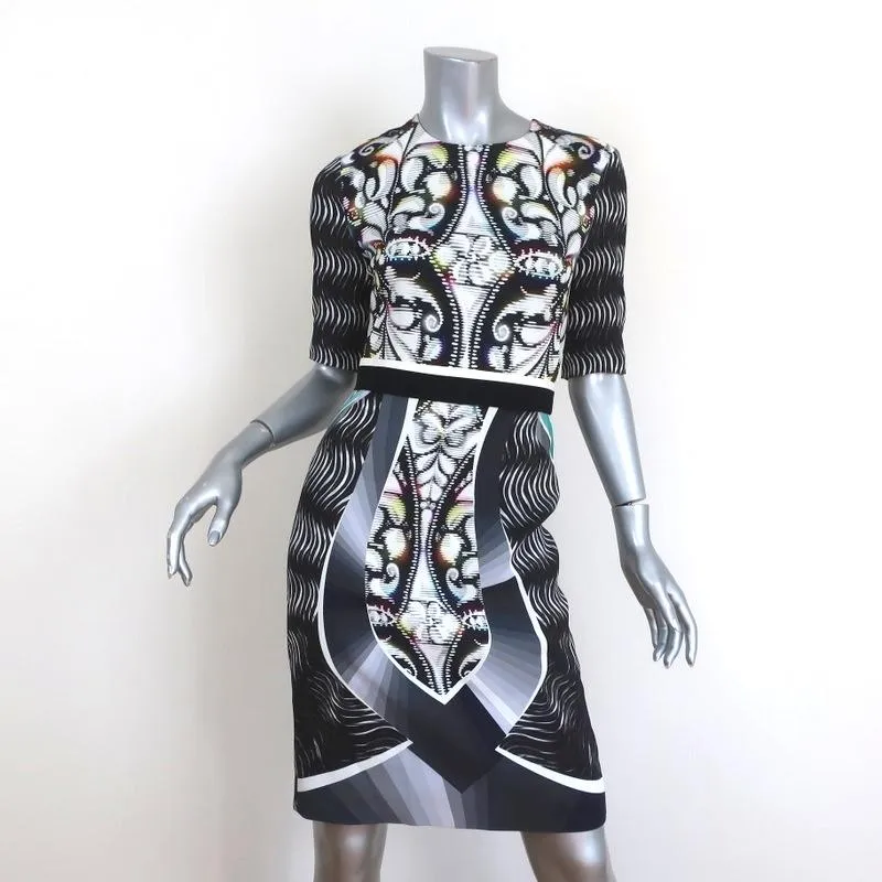 Peter Pilotto Dress Mirrored Print Crepe Size US 2 Short Sleeve Belted Sheath