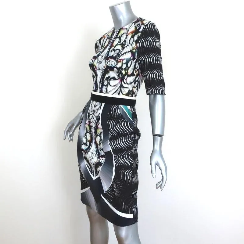 Peter Pilotto Dress Mirrored Print Crepe Size US 2 Short Sleeve Belted Sheath