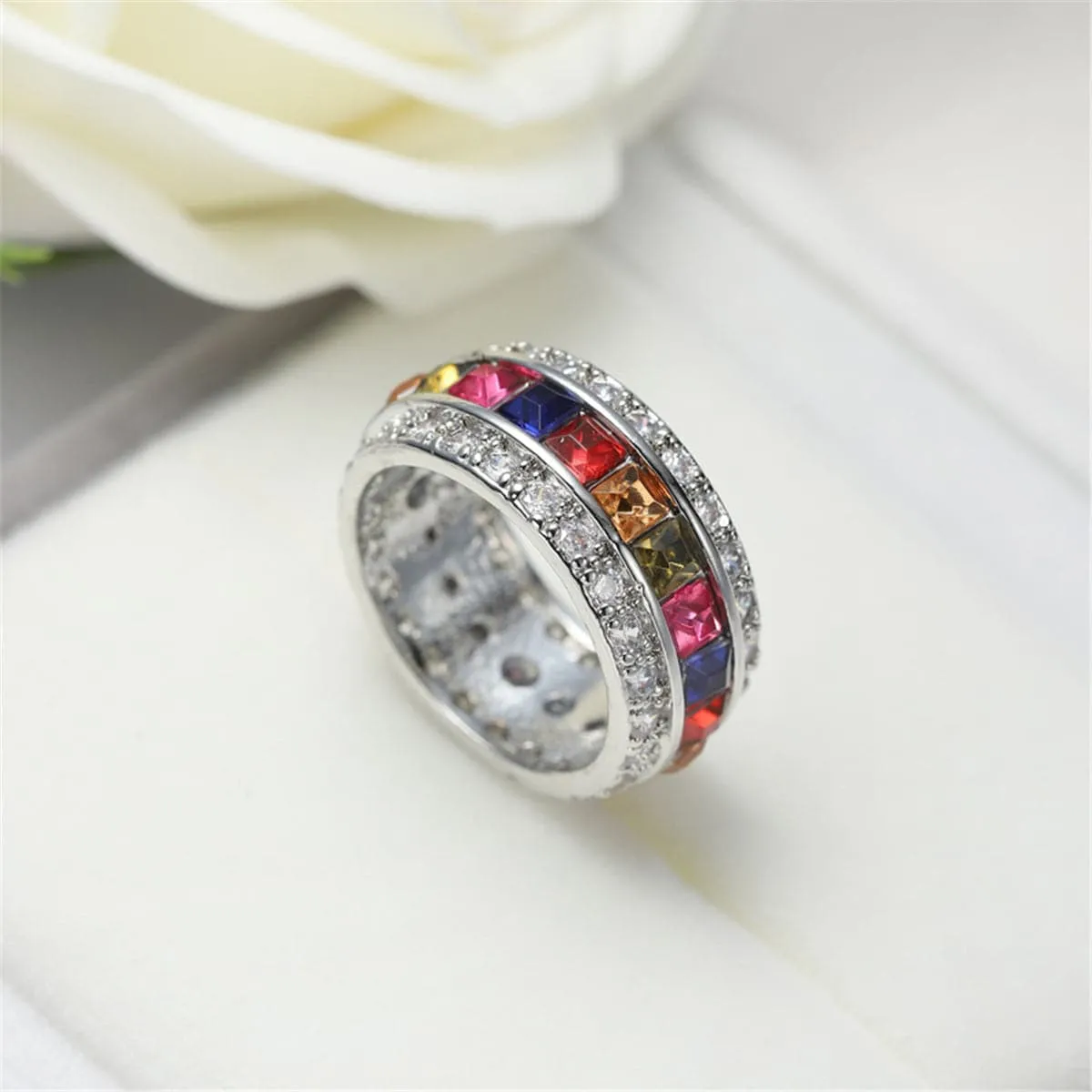 Pink & Orange Cubic Zirconia & Crystal Channel Ring