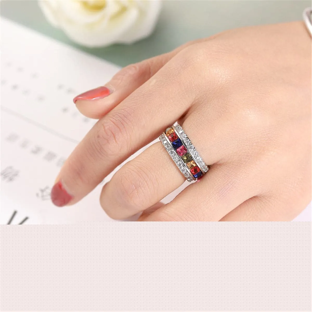 Pink & Orange Cubic Zirconia & Crystal Channel Ring