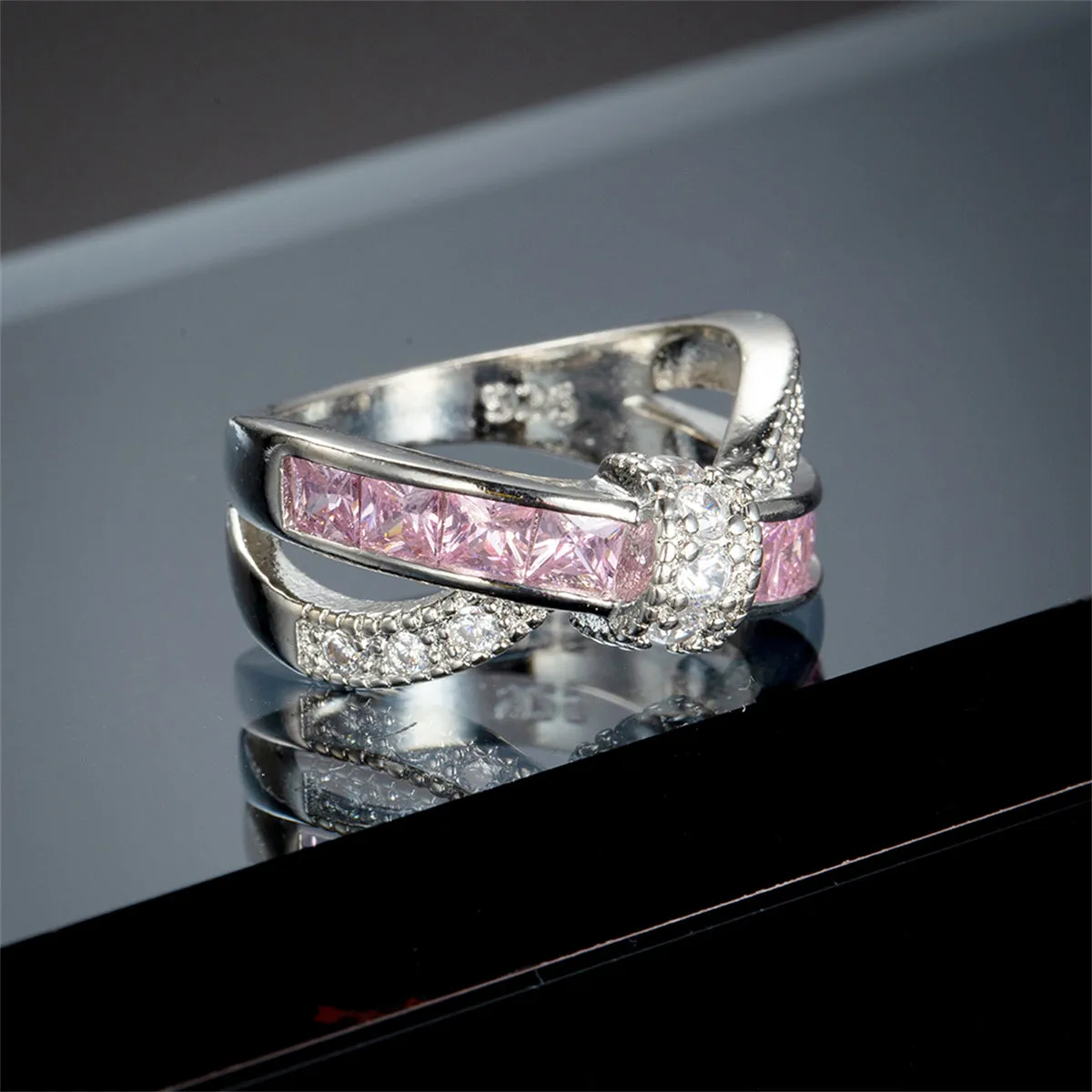 Pink Crystal & Cubic Zirconia Openwork Twist Princess-Cut Ring