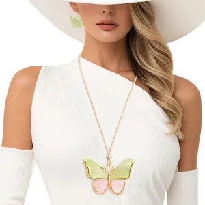 Pink Green Butterfly Adjustable Cord Necklace