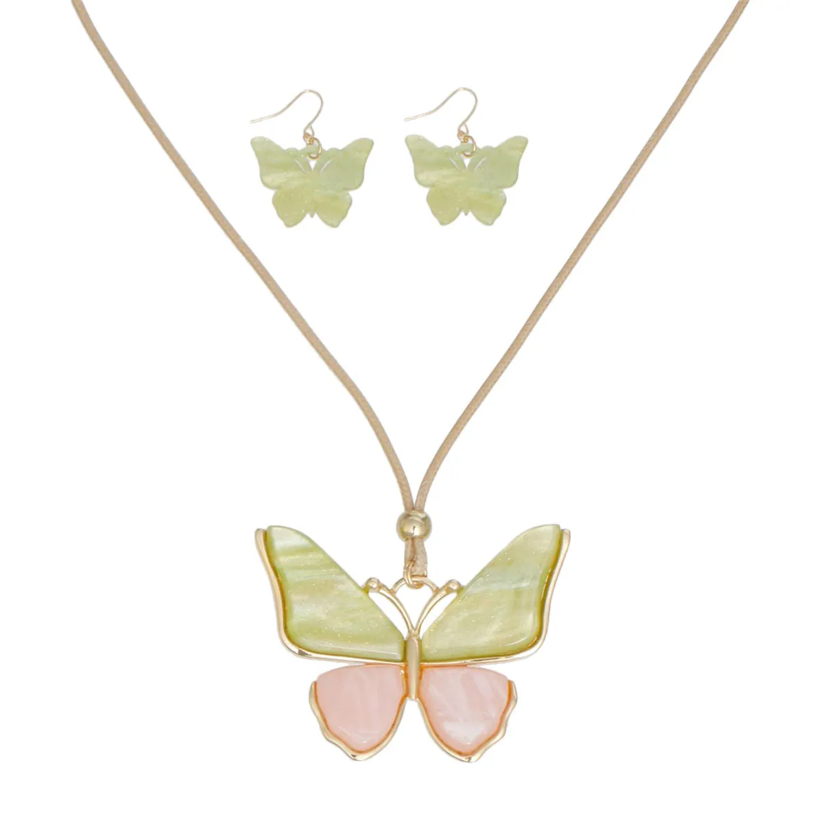 Pink Green Butterfly Adjustable Cord Necklace