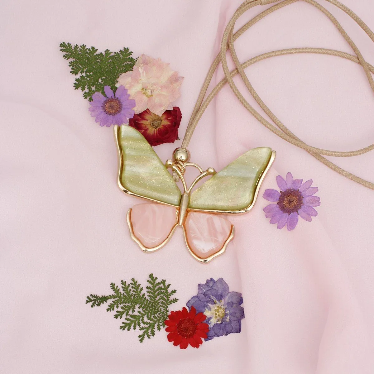 Pink Green Butterfly Adjustable Cord Necklace