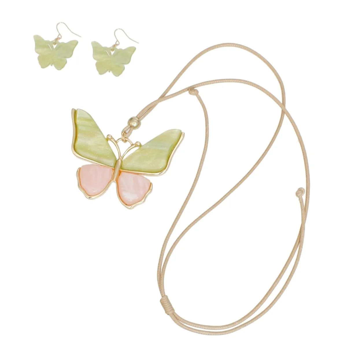 Pink Green Butterfly Adjustable Cord Necklace