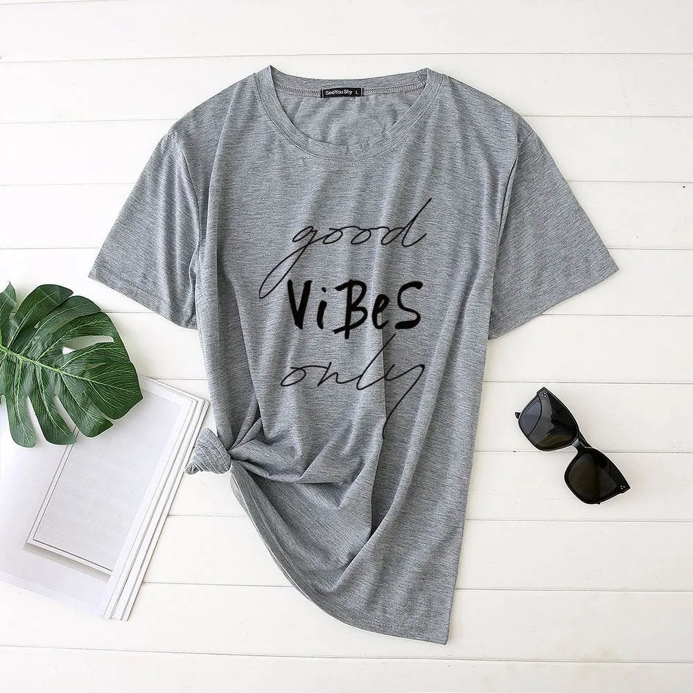 Plus Size Women's Good Vibes Letter Print Funny T-shirt