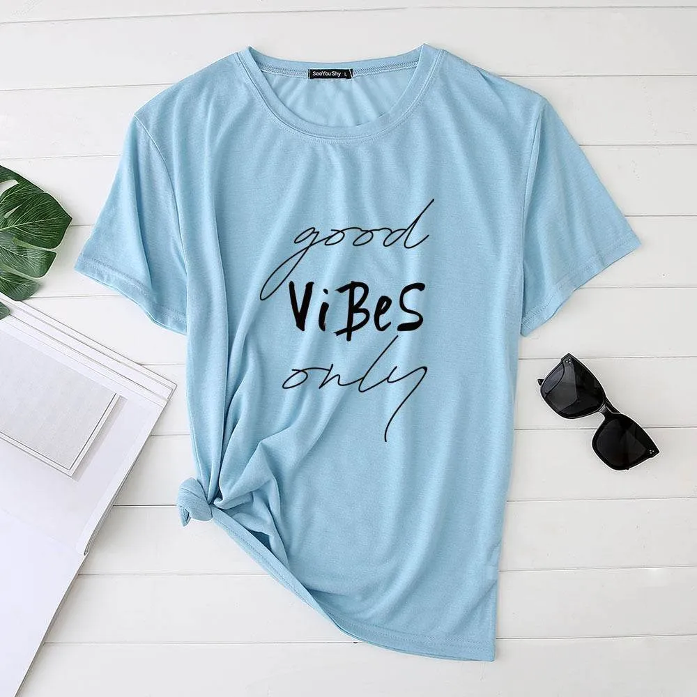 Plus Size Women's Good Vibes Letter Print Funny T-shirt