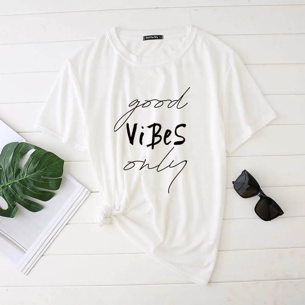 Plus Size Women's Good Vibes Letter Print Funny T-shirt