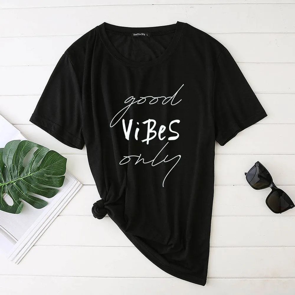 Plus Size Women's Good Vibes Letter Print Funny T-shirt