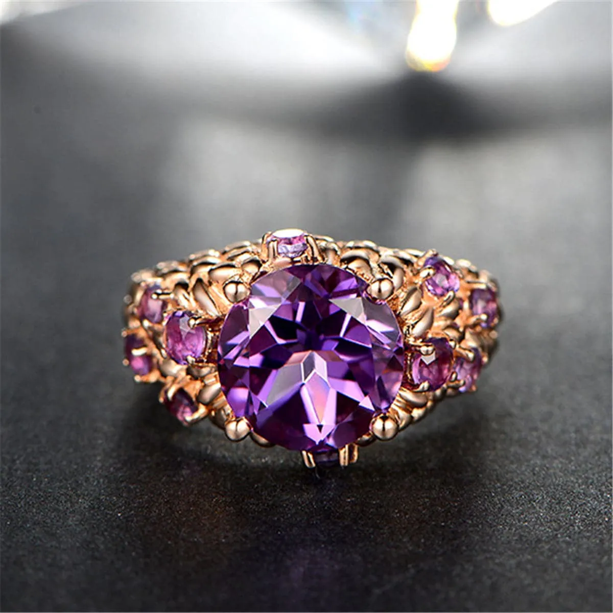 Purple Crystal & 18K Rose Gold-Plated Seed-Texture Ring