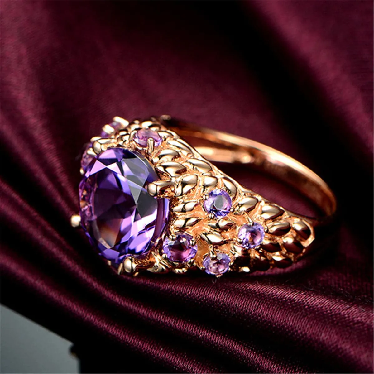 Purple Crystal & 18K Rose Gold-Plated Seed-Texture Ring