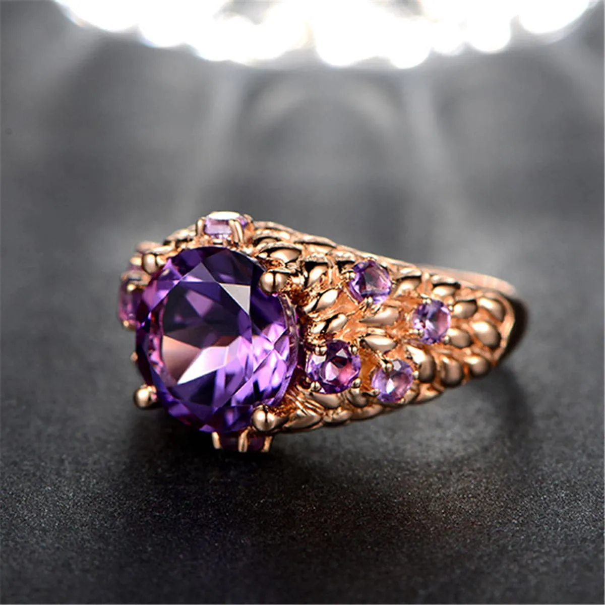 Purple Crystal & 18K Rose Gold-Plated Seed-Texture Ring