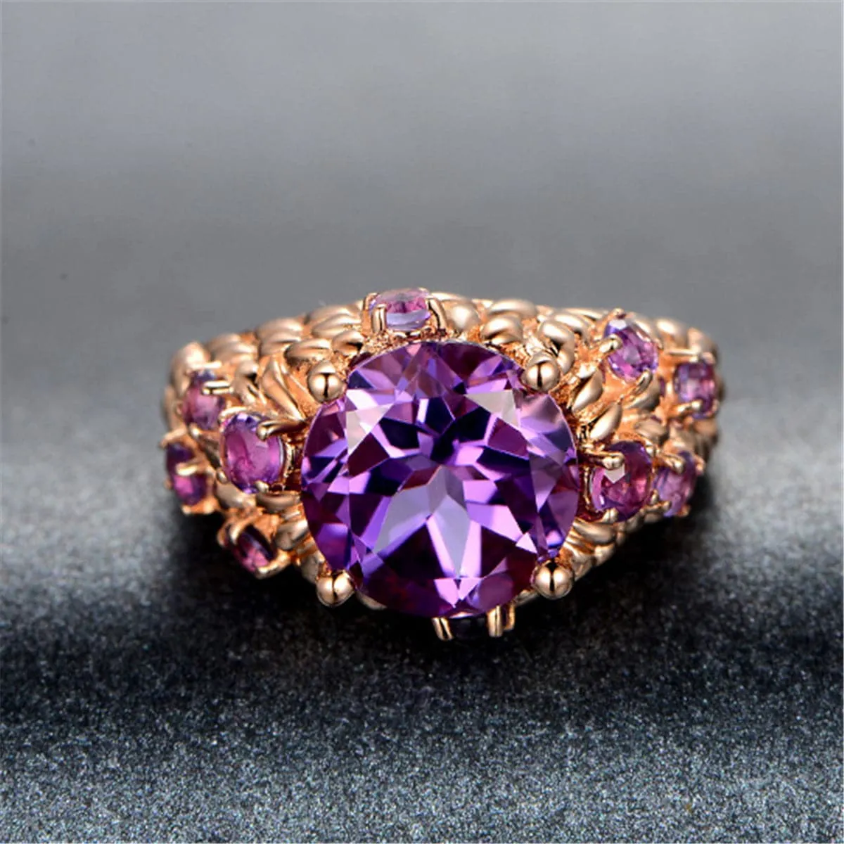 Purple Crystal & 18K Rose Gold-Plated Seed-Texture Ring