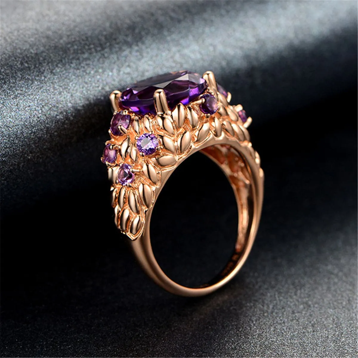 Purple Crystal & 18K Rose Gold-Plated Seed-Texture Ring