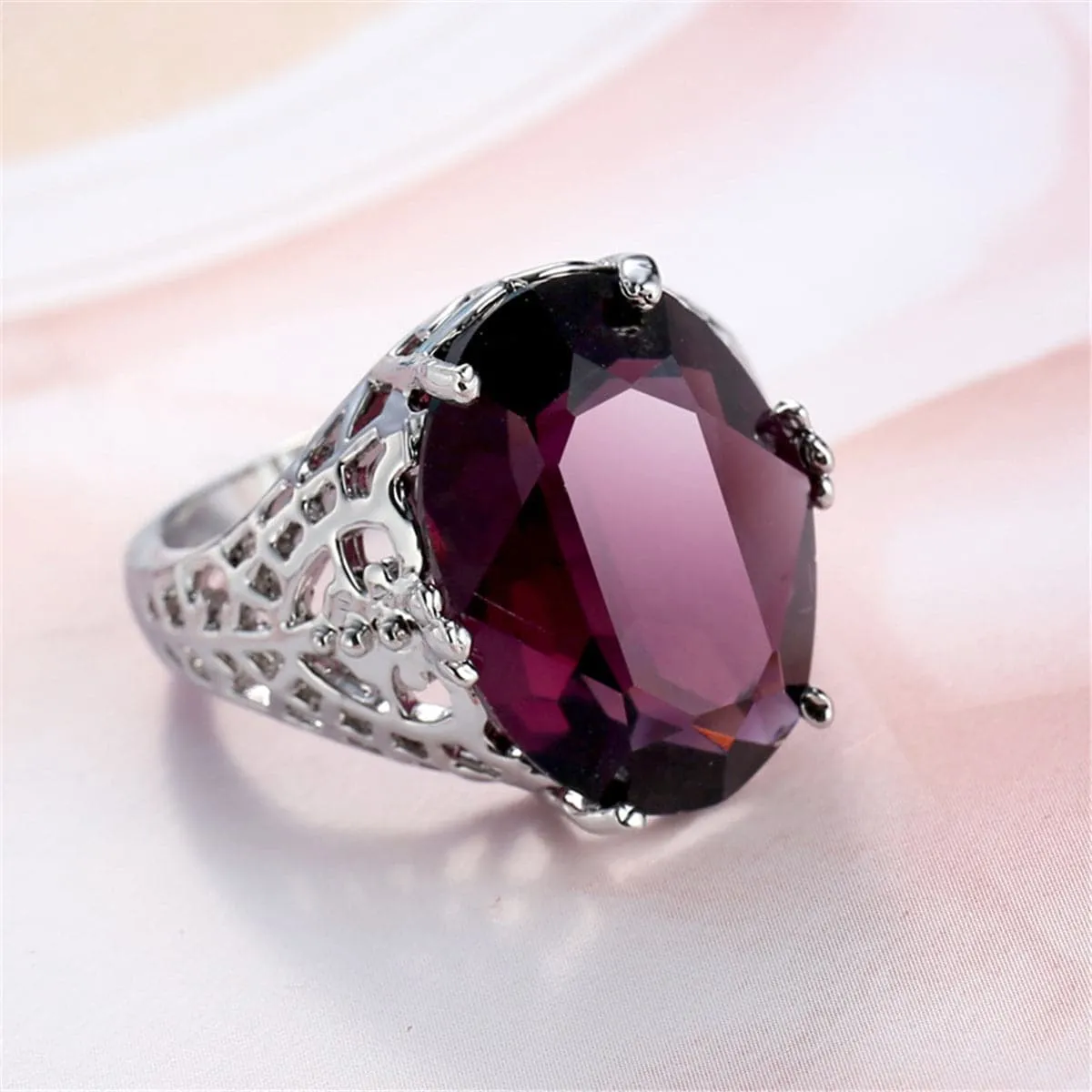 Purple Crystal & Silver-Plated Filigree Band Oval Ring