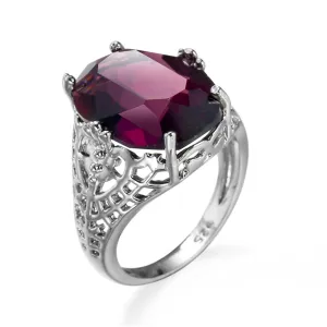 Purple Crystal & Silver-Plated Filigree Band Oval Ring