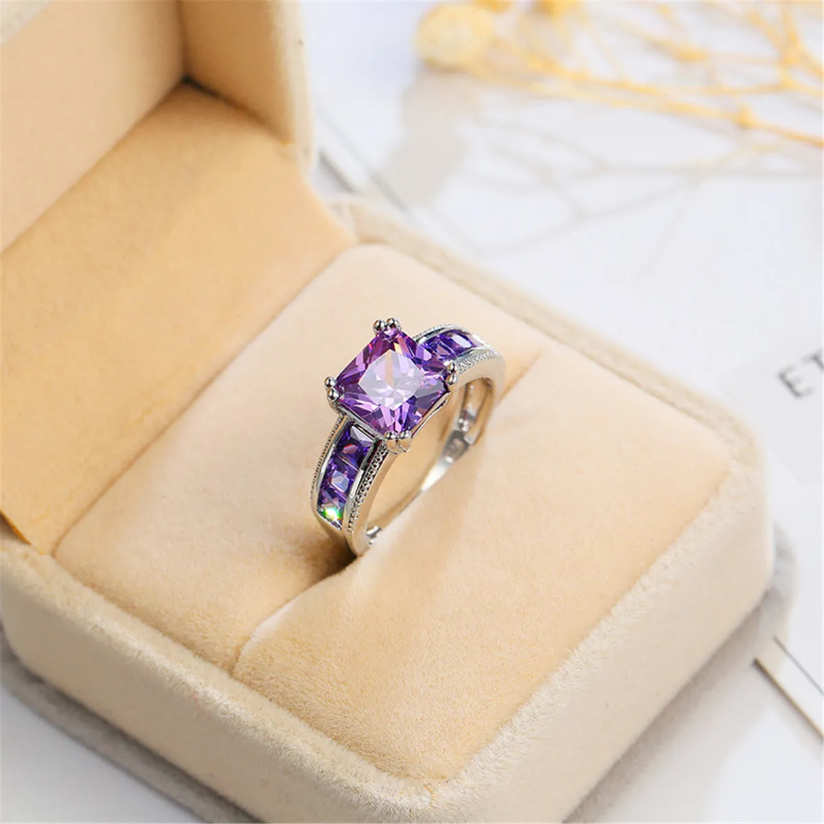 Purple Crystal & Silver-Plated Princess-Cut Ring