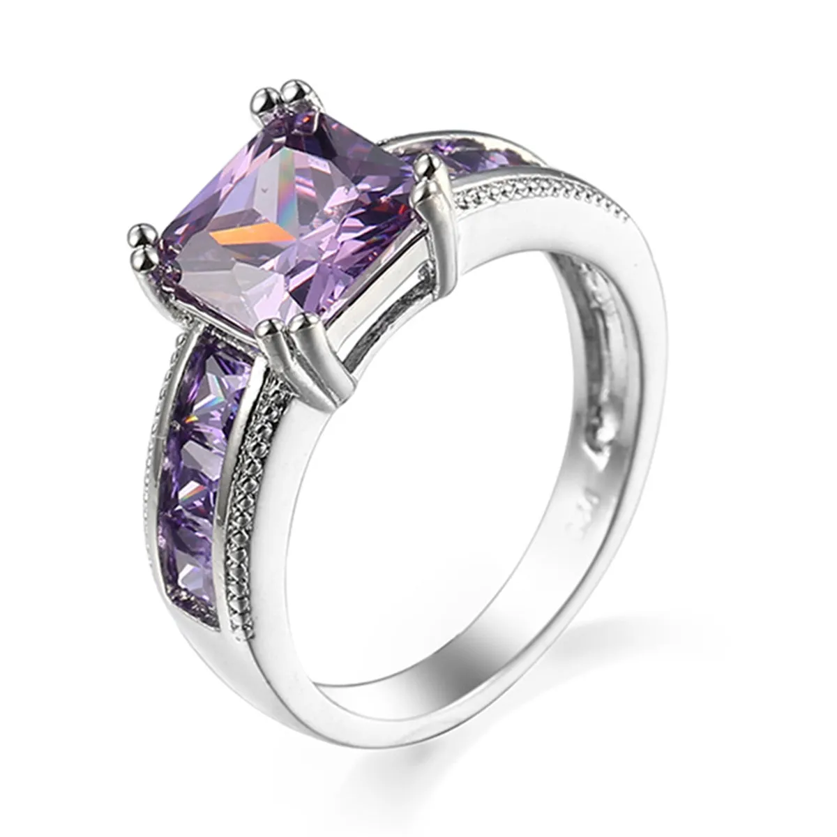 Purple Crystal & Silver-Plated Princess-Cut Ring