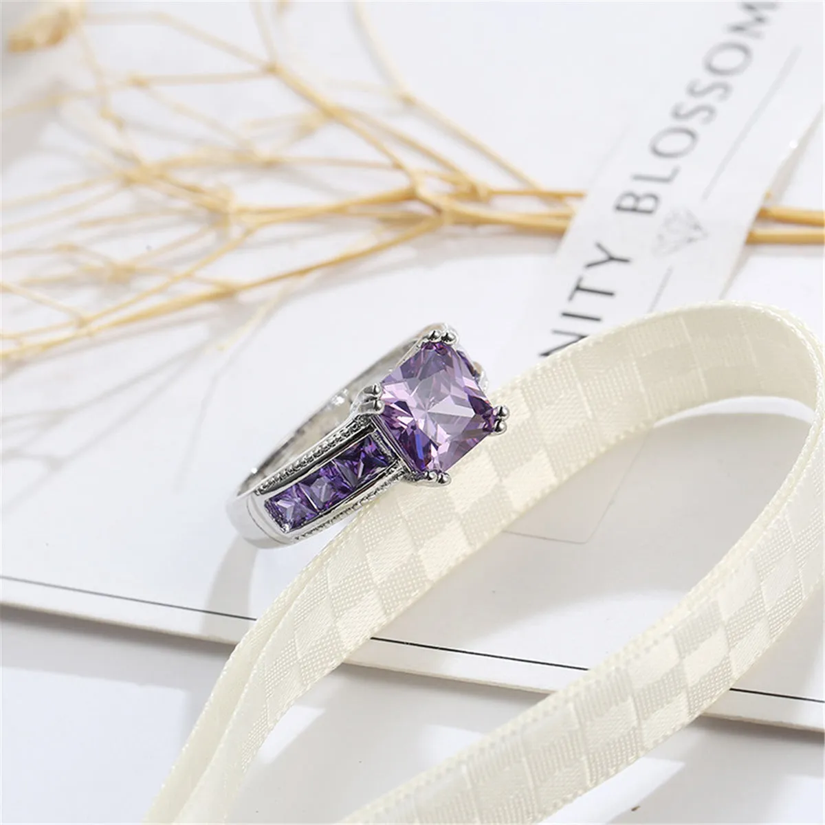 Purple Crystal & Silver-Plated Princess-Cut Ring