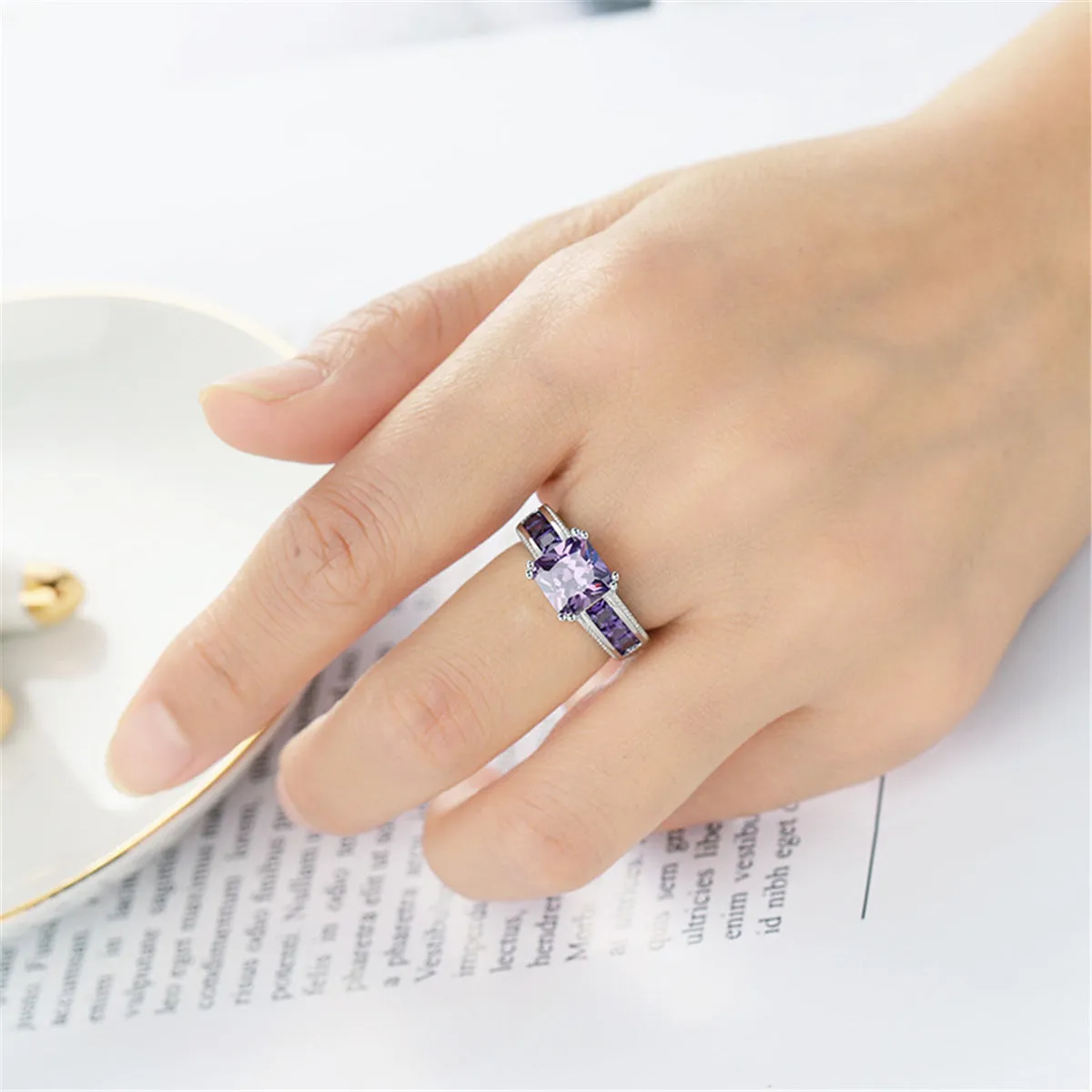 Purple Crystal & Silver-Plated Princess-Cut Ring