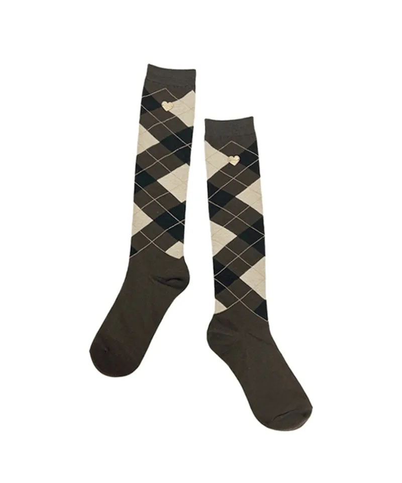 Q.C PLAY: Argyle Check Heart Knee Socks Golf Shorts - Brown