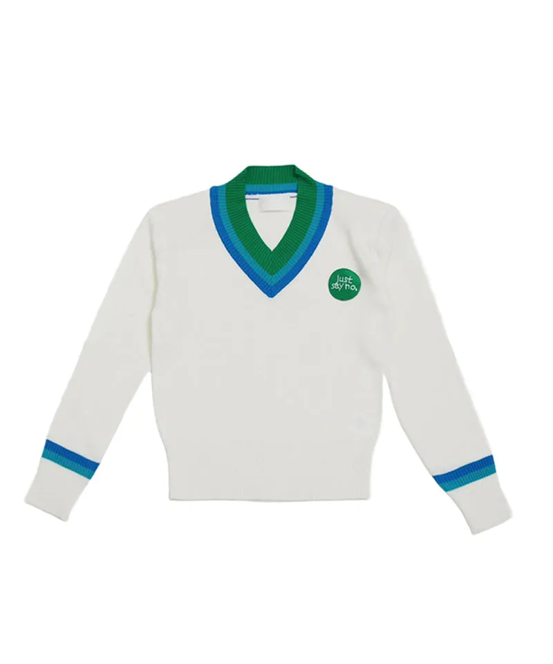 Q.C PLAY: Two-Tone Patch V-Neck Knit - Ivory