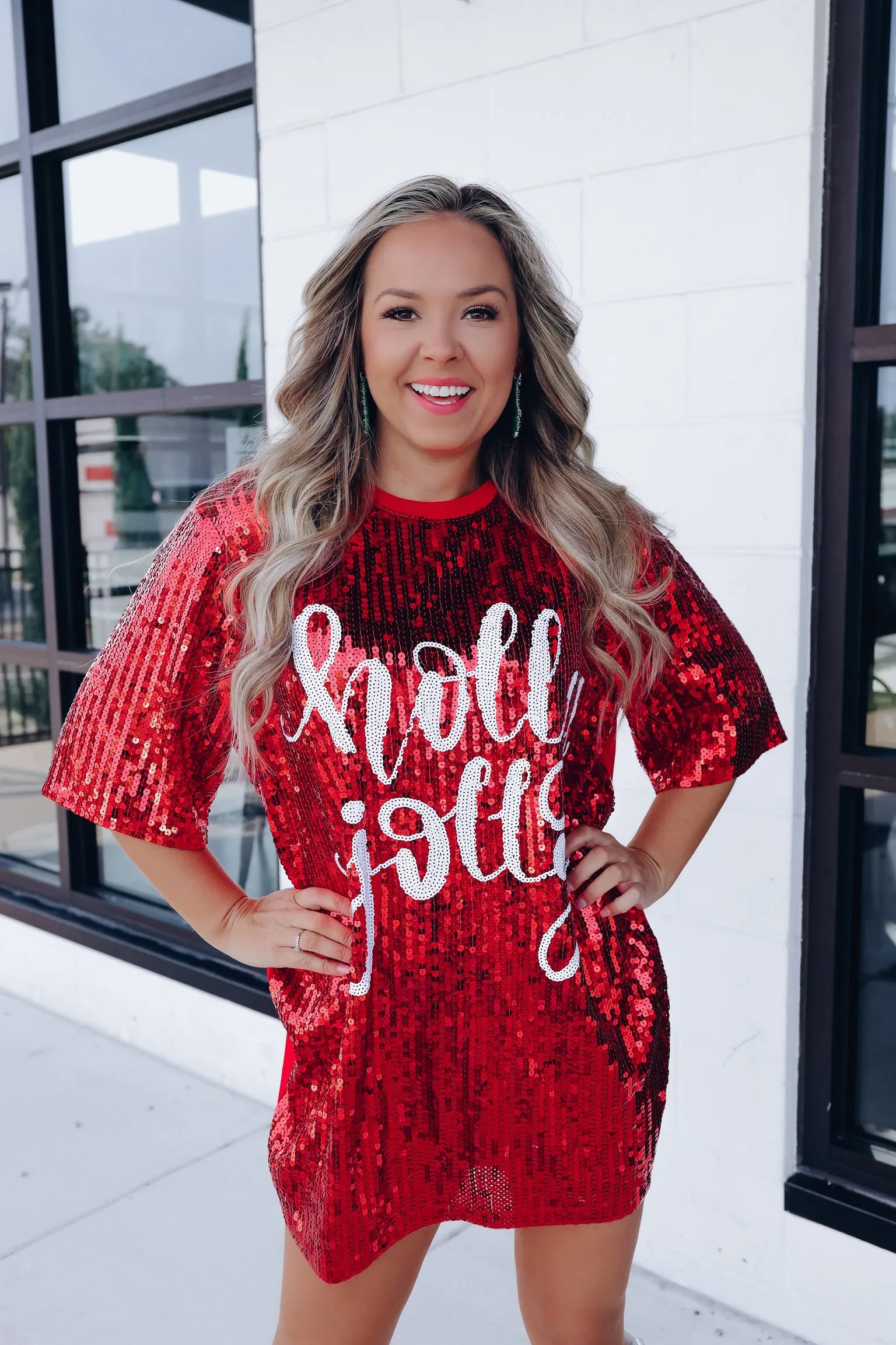 "Holly Jolly" Sequin T-Shirt Dress - Red