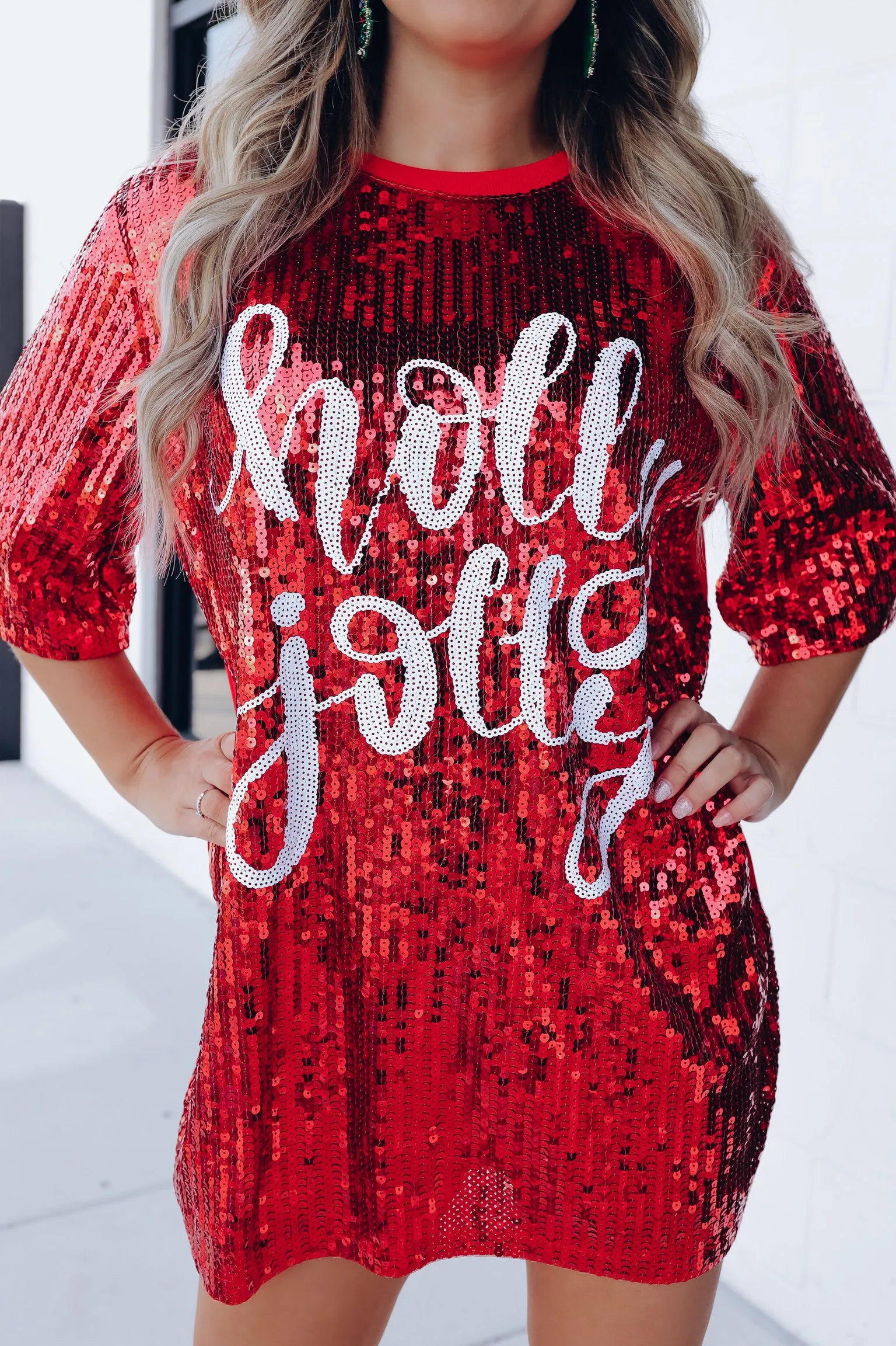 "Holly Jolly" Sequin T-Shirt Dress - Red